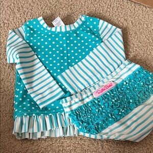 Ruffle Butts Teal and White Polka Dot and Stripe Swim Set